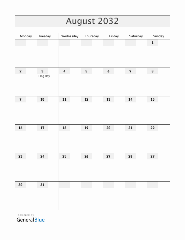 Venezuela August 2032 Calendar with Holidays