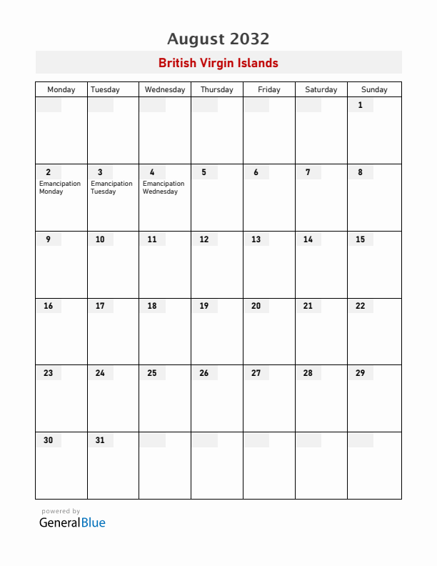 British Virgin Islands August 2032 Calendar with Holidays