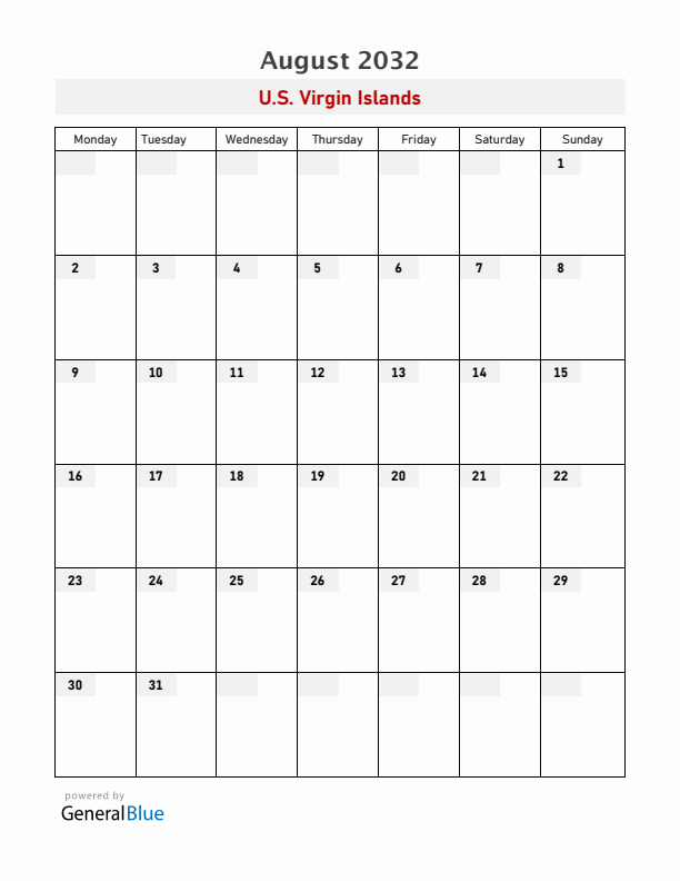 U.S. Virgin Islands August 2032 Calendar with Holidays