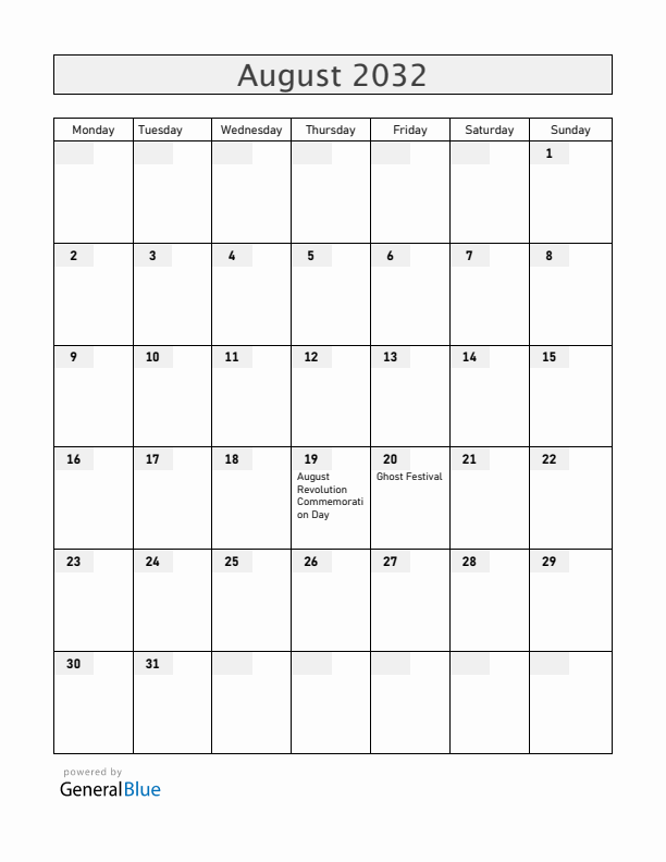 Vietnam August 2032 Calendar with Holidays