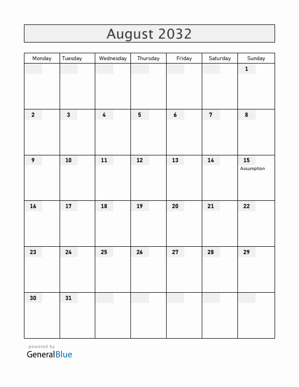 Mayotte August 2032 Calendar with Holidays