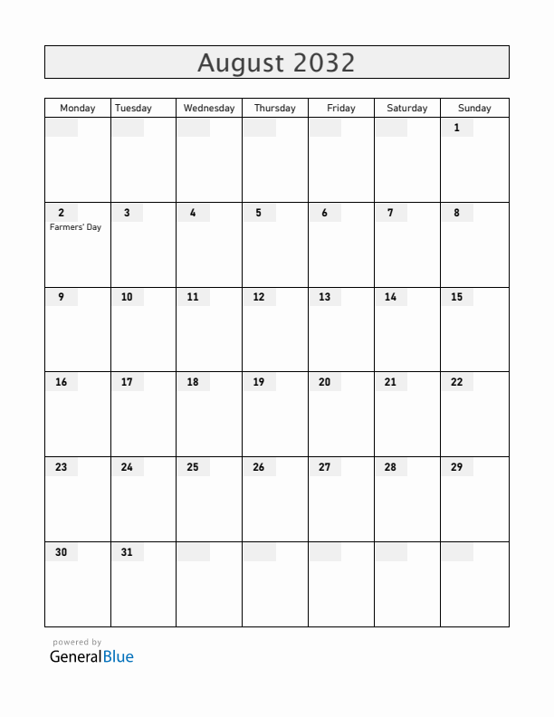 Zambia August 2032 Calendar with Holidays