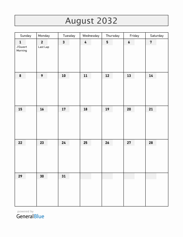 Antigua and Barbuda August 2032 Calendar with Holidays