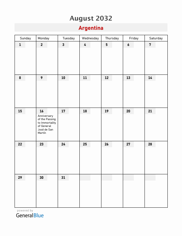 Argentina August 2032 Calendar with Holidays