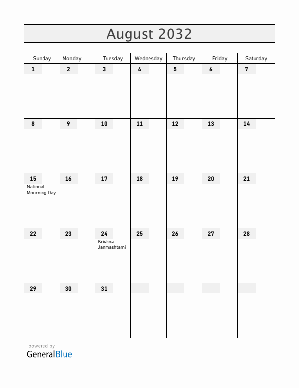 Bangladesh August 2032 Calendar with Holidays