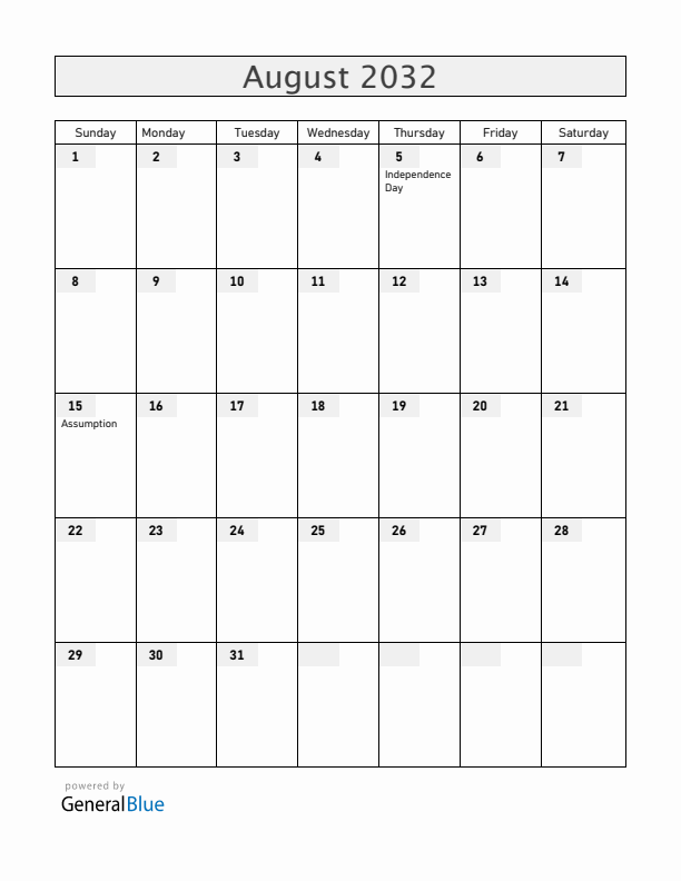 Burkina Faso August 2032 Calendar with Holidays