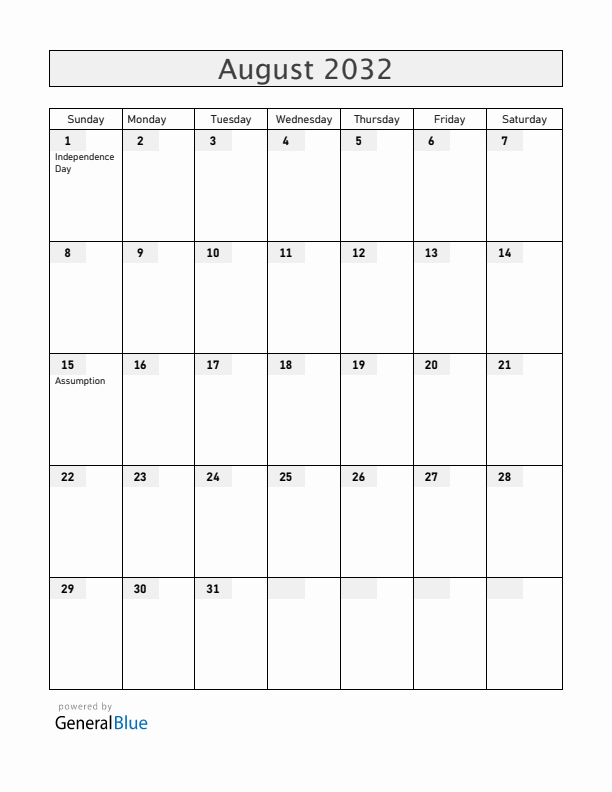 Benin August 2032 Calendar with Holidays