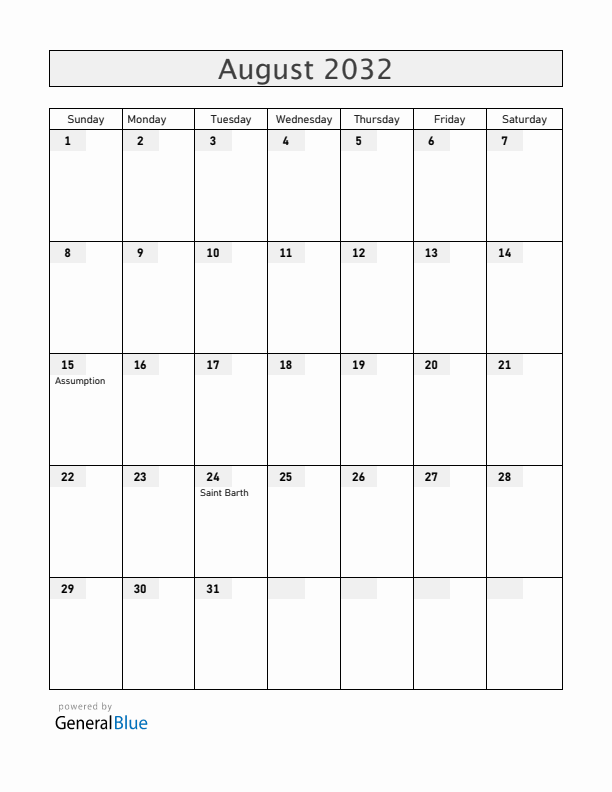 Saint Barthelemy August 2032 Calendar with Holidays