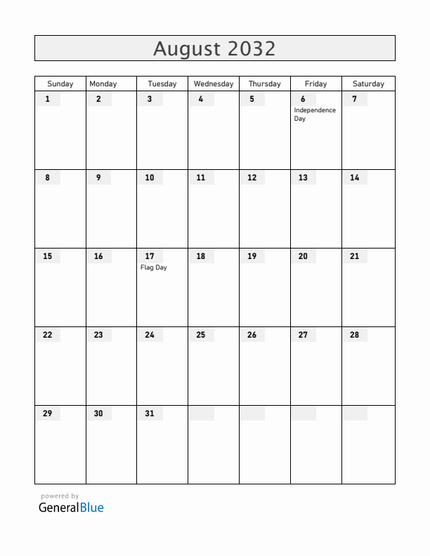 Bolivia August 2032 Calendar with Holidays