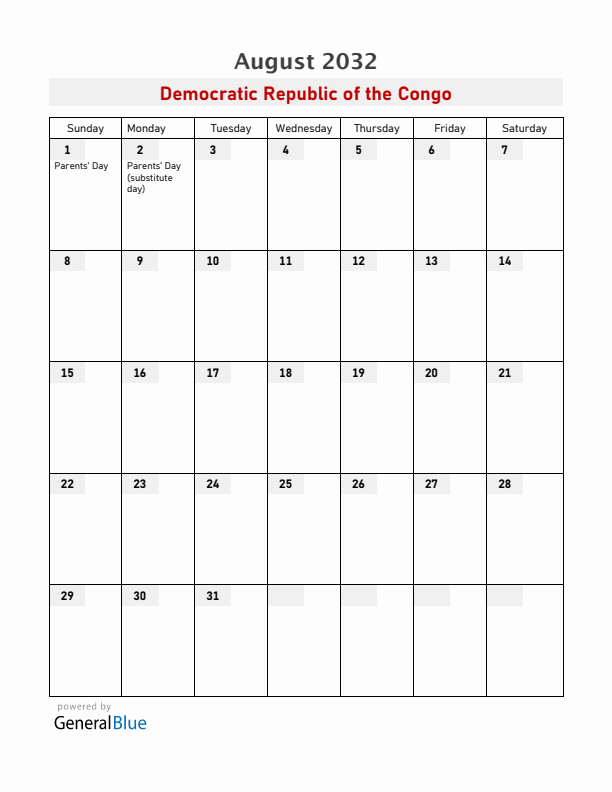 Democratic Republic of the Congo August 2032 Calendar with Holidays