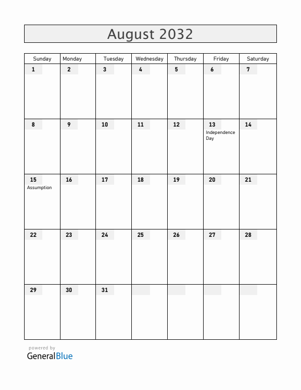 Central African Republic August 2032 Calendar with Holidays