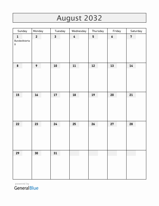 Switzerland August 2032 Calendar with Holidays