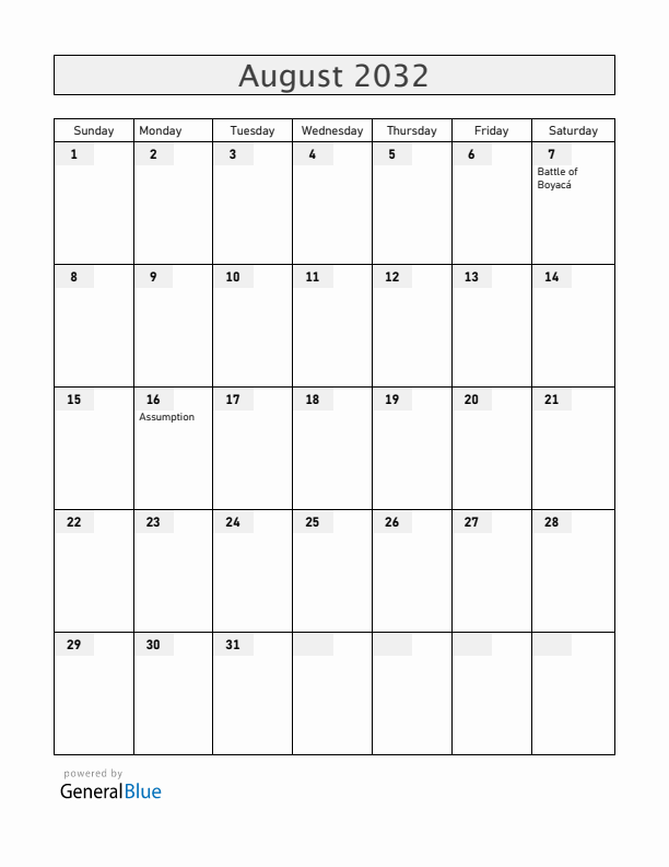 Colombia August 2032 Calendar with Holidays