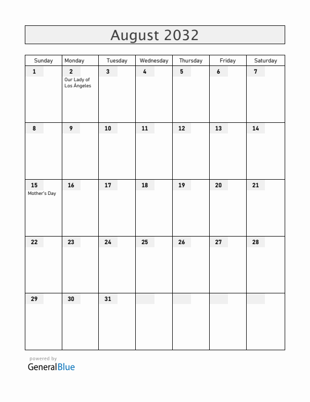 Costa Rica August 2032 Calendar with Holidays