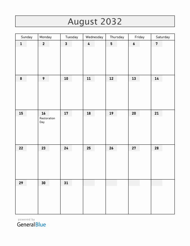 Dominican Republic August 2032 Calendar with Holidays