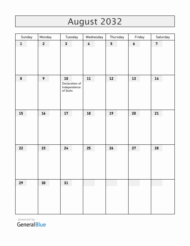 Ecuador August 2032 Calendar with Holidays