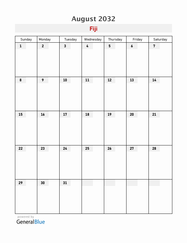 Fiji August 2032 Calendar with Holidays