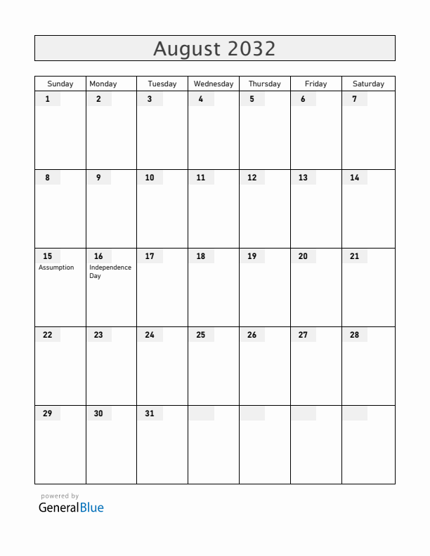 Gabon August 2032 Calendar with Holidays