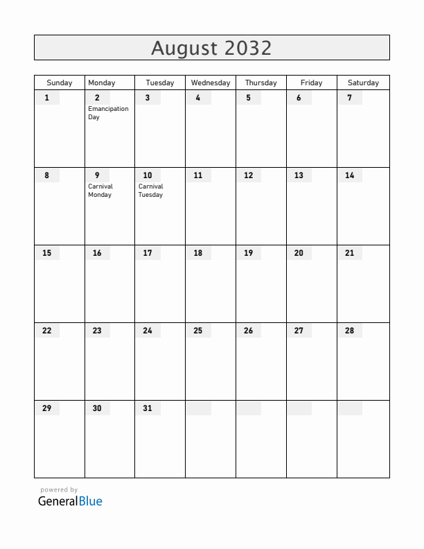Grenada August 2032 Calendar with Holidays