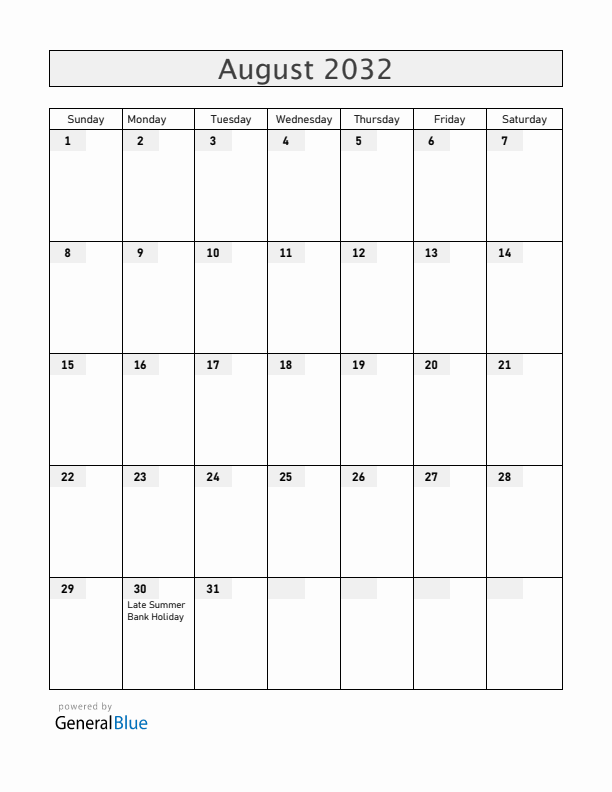 Gibraltar August 2032 Calendar with Holidays