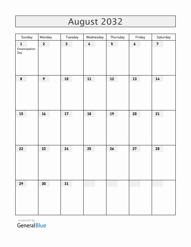 Guyana August 2032 Calendar with Holidays