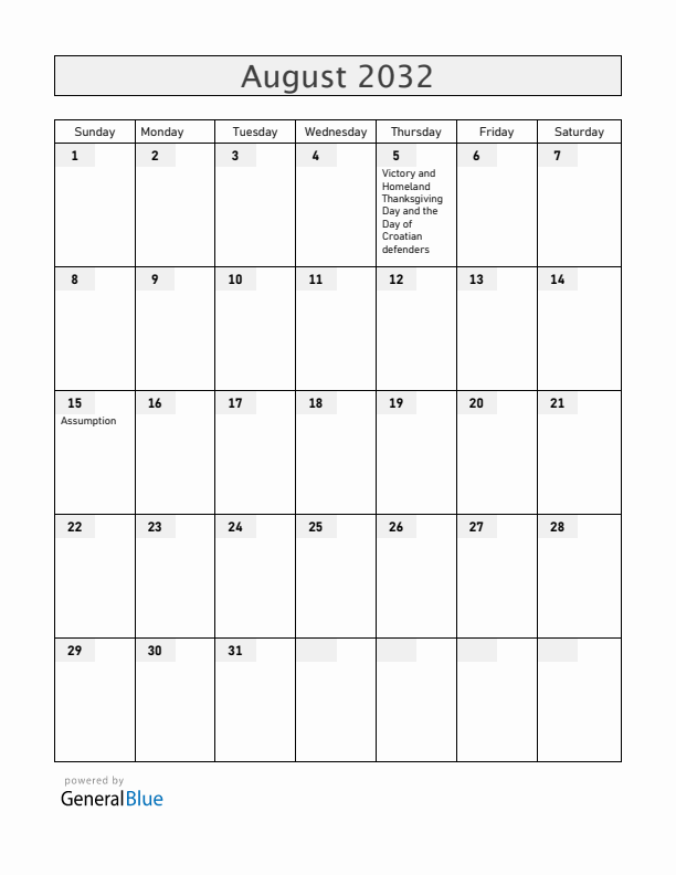Croatia August 2032 Calendar with Holidays