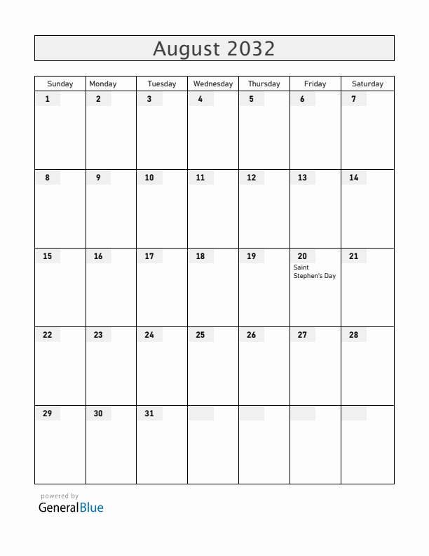 Hungary August 2032 Calendar with Holidays