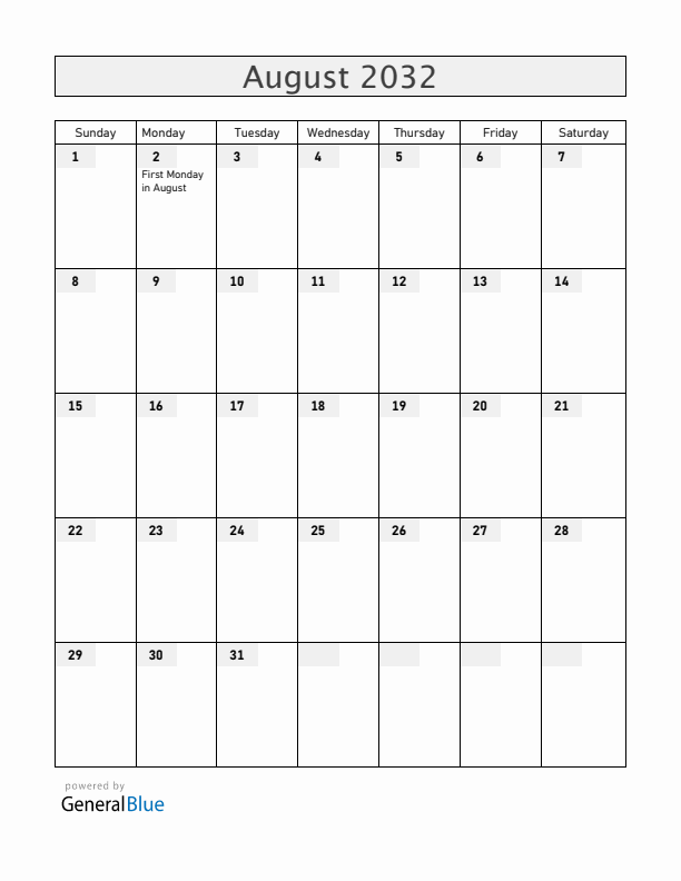 Ireland August 2032 Calendar with Holidays