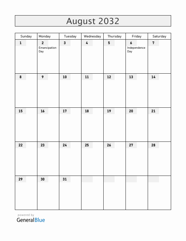 Jamaica August 2032 Calendar with Holidays
