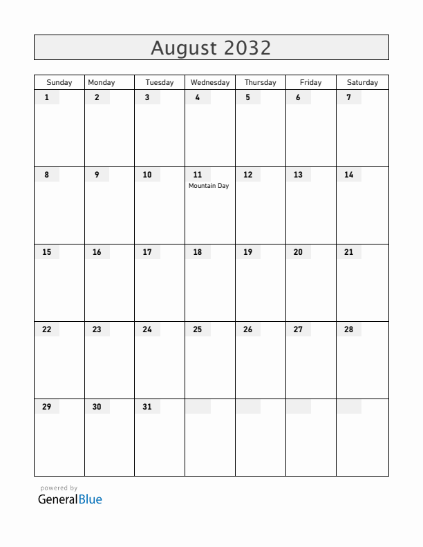 Japan August 2032 Calendar with Holidays