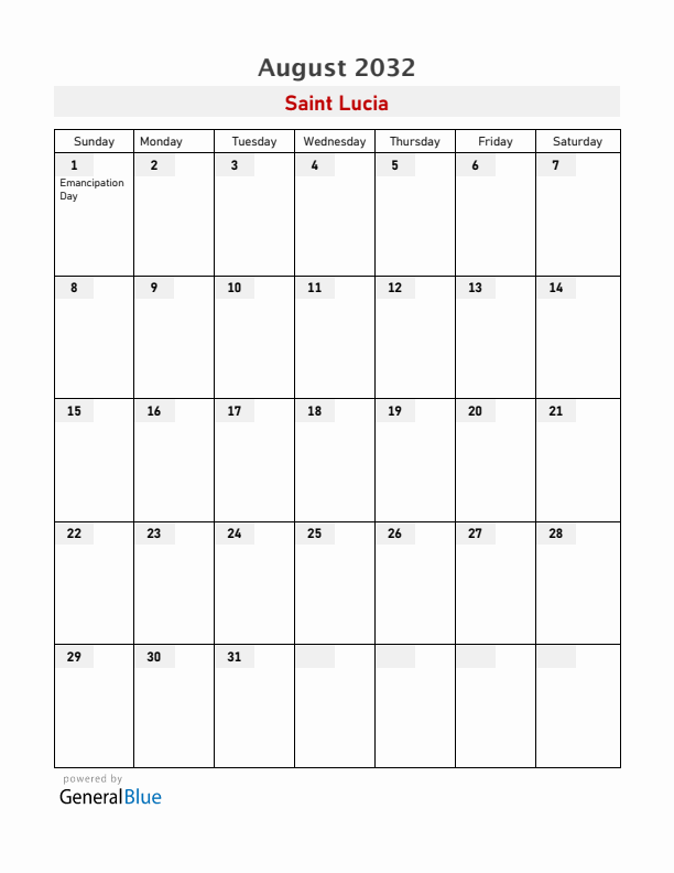 Saint Lucia August 2032 Calendar with Holidays