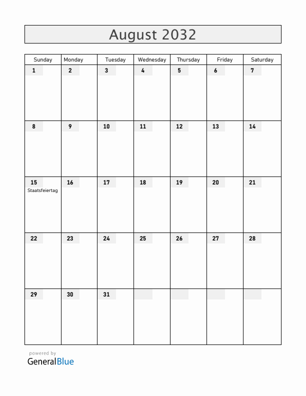 Liechtenstein August 2032 Calendar with Holidays