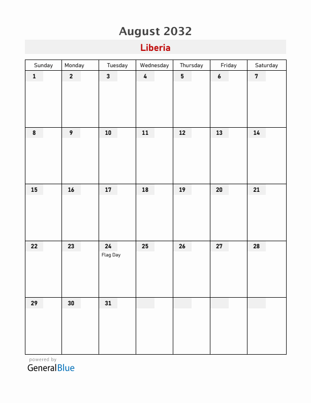 Liberia August 2032 Calendar with Holidays