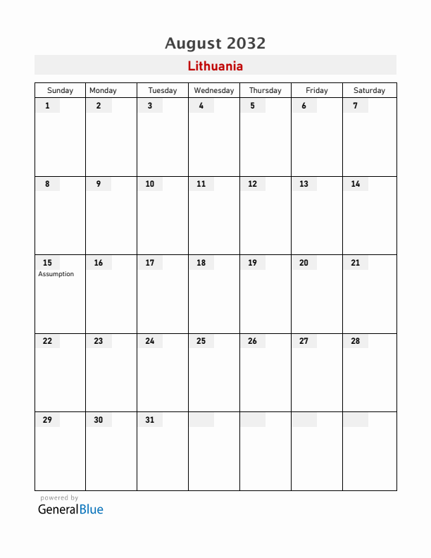 Lithuania August 2032 Calendar with Holidays