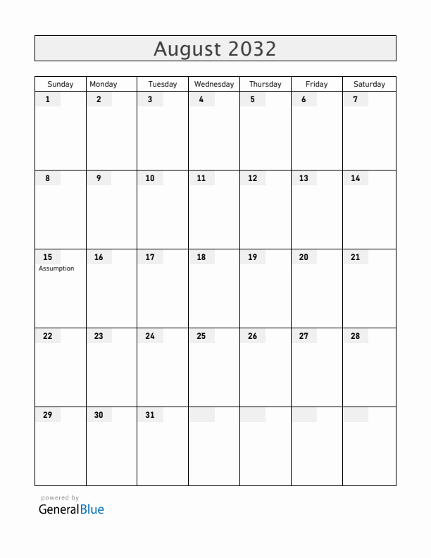 Luxembourg August 2032 Calendar with Holidays