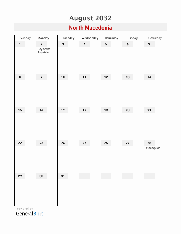 North Macedonia August 2032 Calendar with Holidays