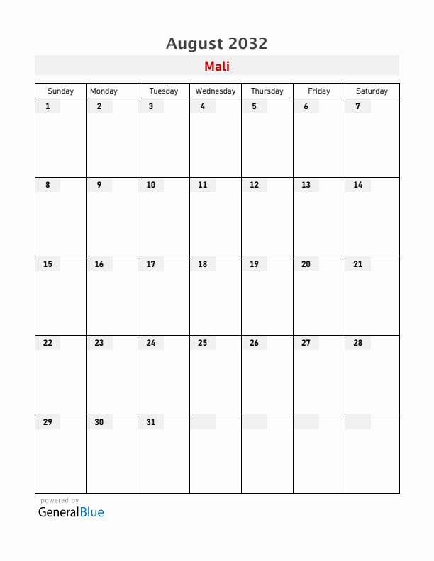 Mali August 2032 Calendar with Holidays