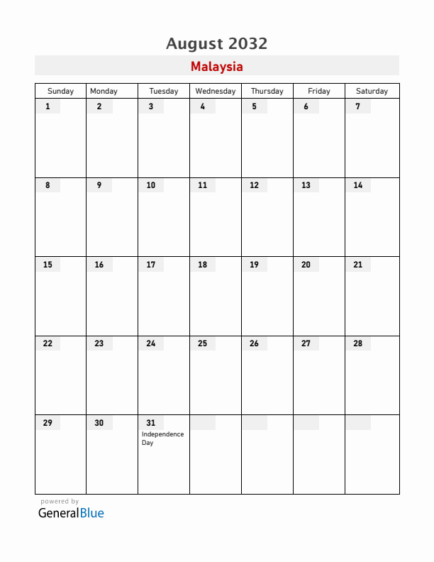 Malaysia August 2032 Calendar with Holidays