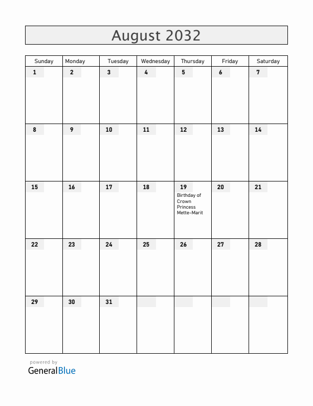 Norway August 2032 Calendar with Holidays