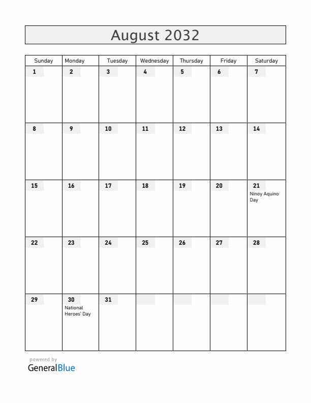 Philippines August 2032 Calendar with Holidays
