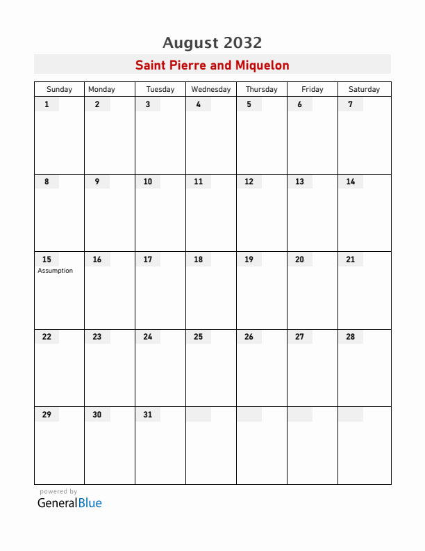 Saint Pierre and Miquelon August 2032 Calendar with Holidays