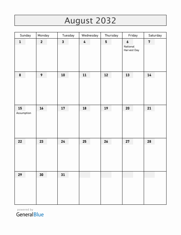 Rwanda August 2032 Calendar with Holidays