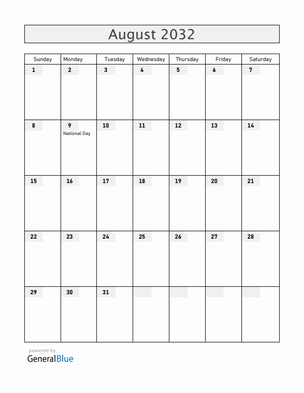 Singapore August 2032 Calendar with Holidays