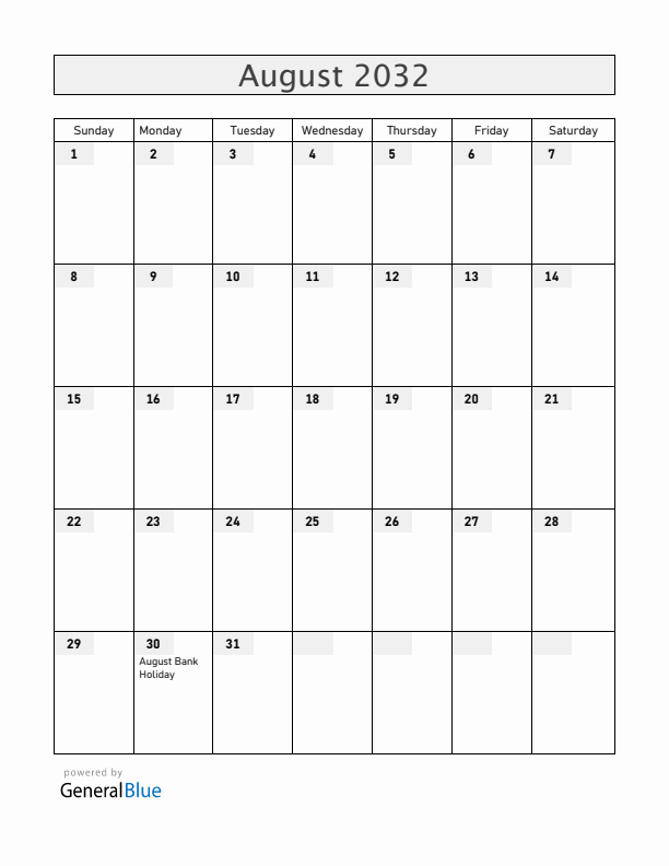 Saint Helena August 2032 Calendar with Holidays
