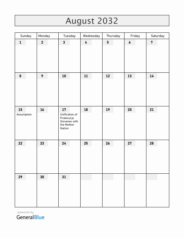 Slovenia August 2032 Calendar with Holidays