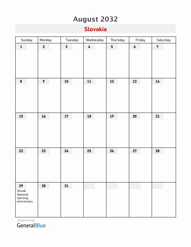 Slovakia August 2032 Calendar with Holidays