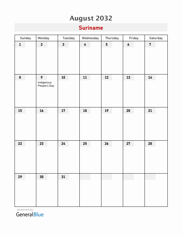 Suriname August 2032 Calendar with Holidays