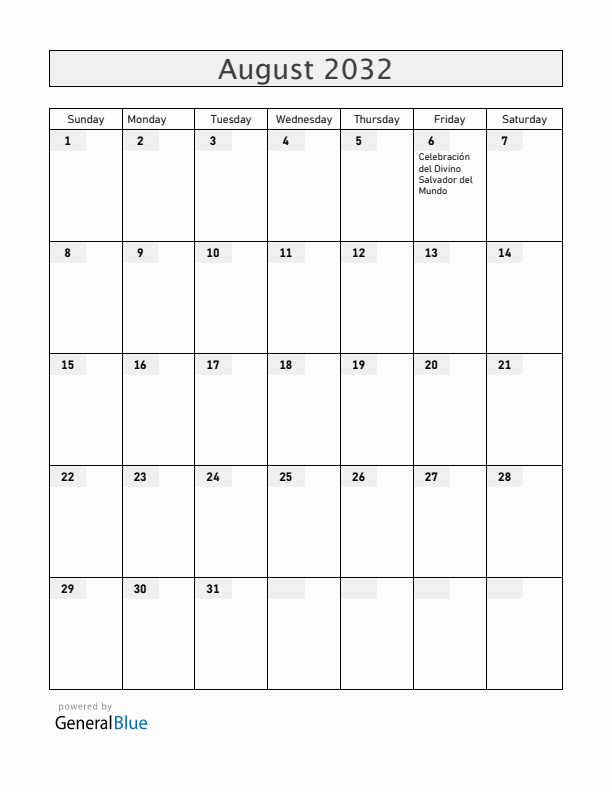 El Salvador August 2032 Calendar with Holidays