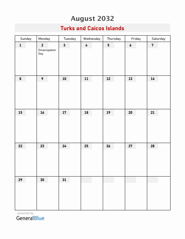 Turks and Caicos Islands August 2032 Calendar with Holidays