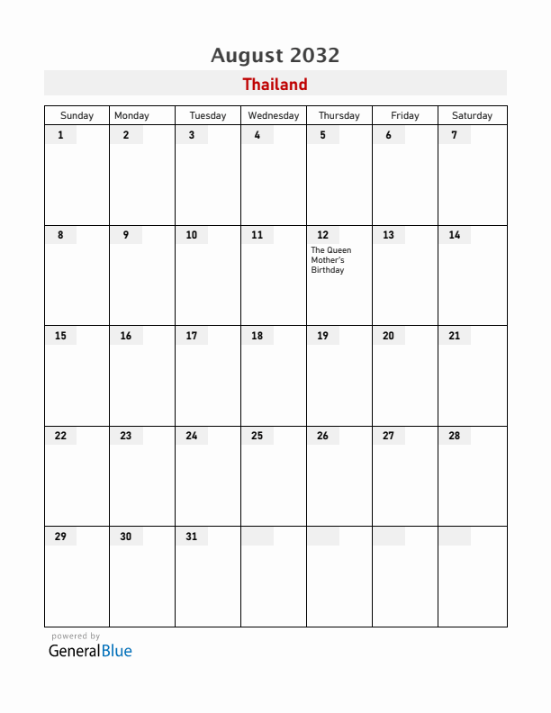 Thailand August 2032 Calendar with Holidays
